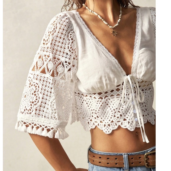 Boho White Button Front Tie Lace Tassel 1/2 Sleeve Blouse - Picture 3 of 5